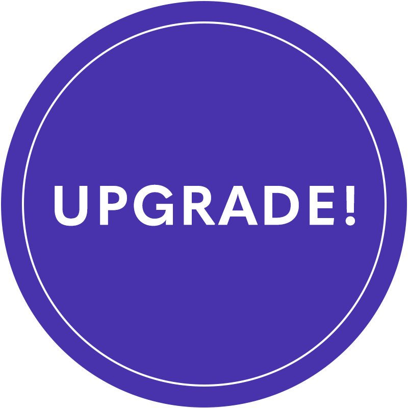 Circular purple badge with 'UPGRADE!' text in white