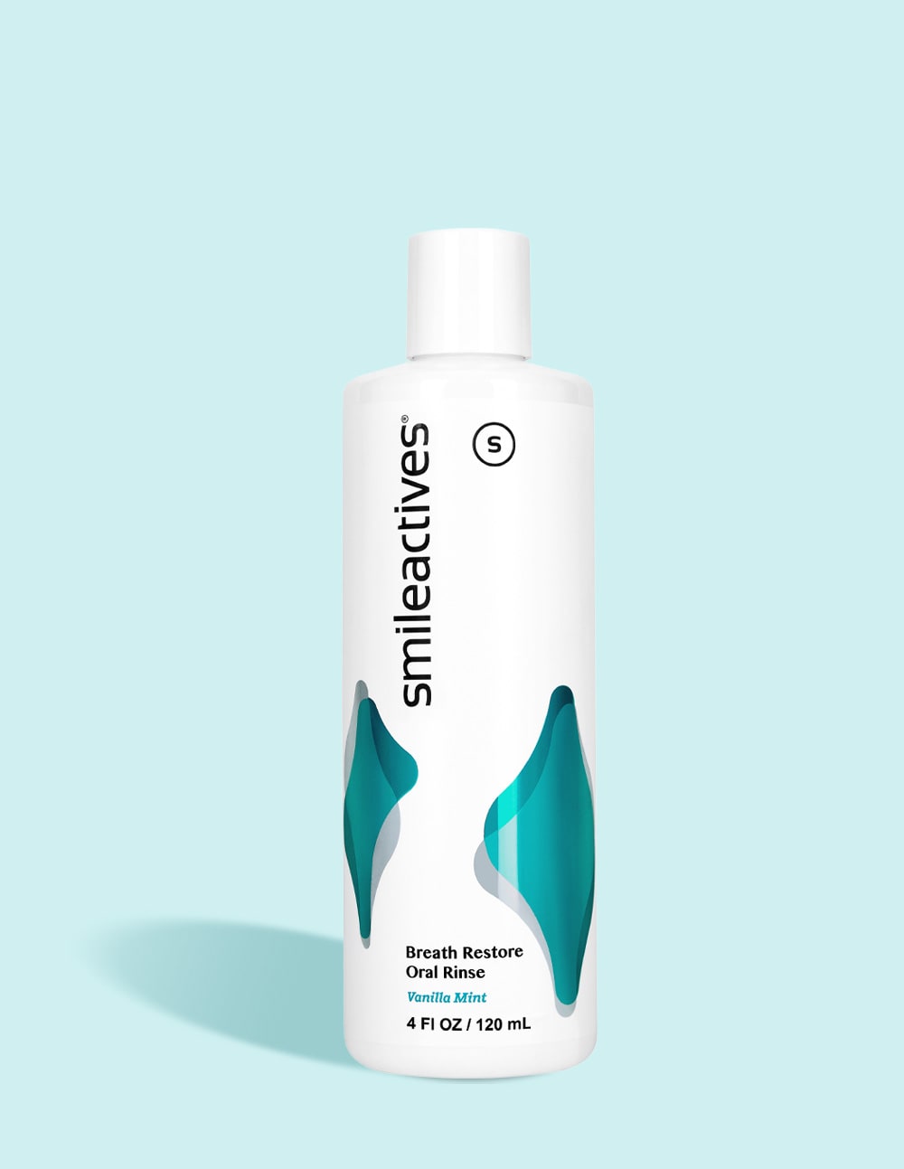 Bottle of smileactives oral rinse on a light blue background